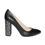 Pantofi dama din piele naturala - Negru cu toc flori - 2691 NF