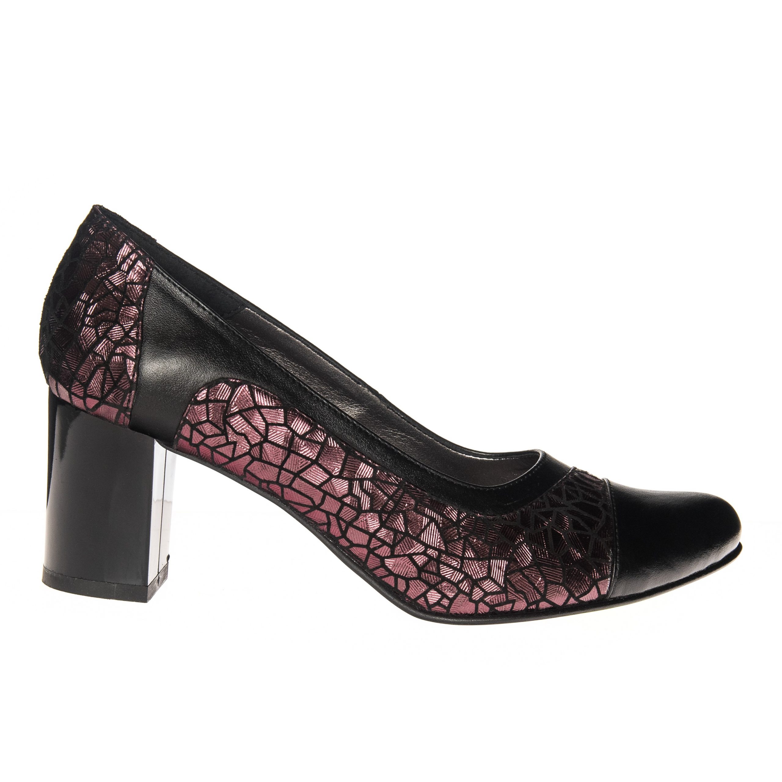 Pantofi dama din piele naturala - Negru box cu imprimeu bordo - 315 NBIB Pantofi dama din piele naturala - Negru box cu imprimeu bordo - 315 NBIB