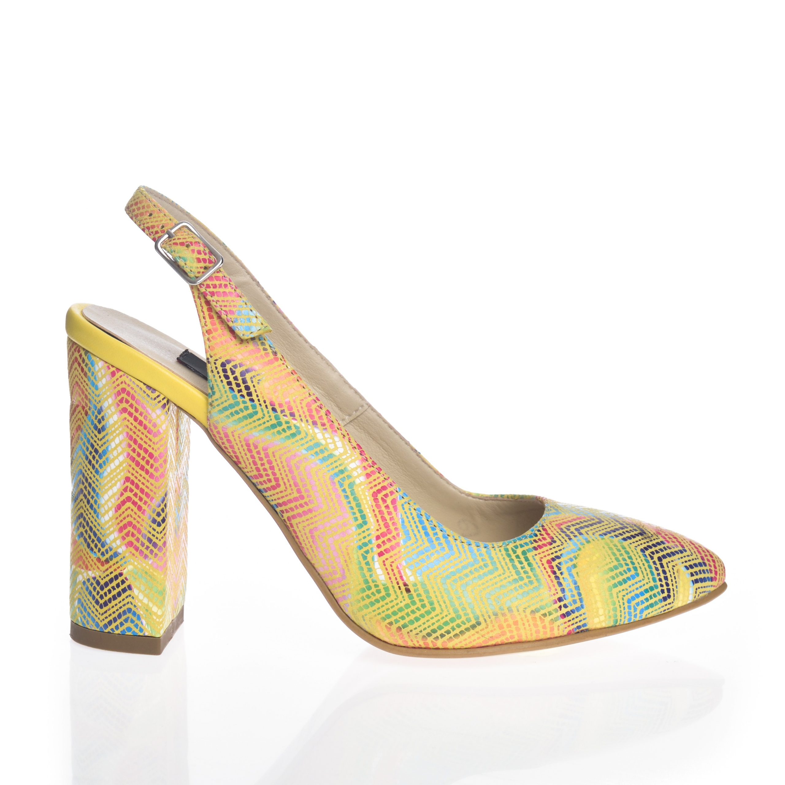 Sandale dama din piele naturala - Galben mozaic cu toc multicolor - 269 GMZ Sandale dama din piele naturala - Galben mozaic cu toc multicolor - 269 GMZ