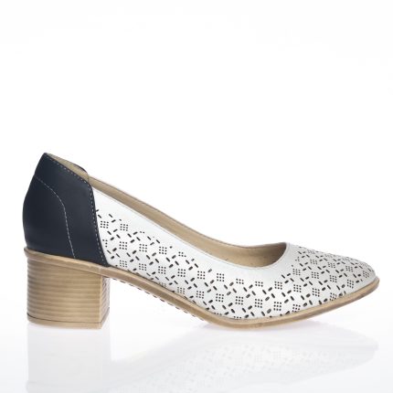 Pantofi dama din piele naturala - Alb cu Bleumarin - T13 AB