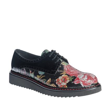 Pantofi dama din piele naturala - Negru Lac Mozaic Flori- G10 NLMF