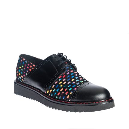 Pantofi dama din piele naturala - Negru Box Patratele Colorate - G26 NBPC