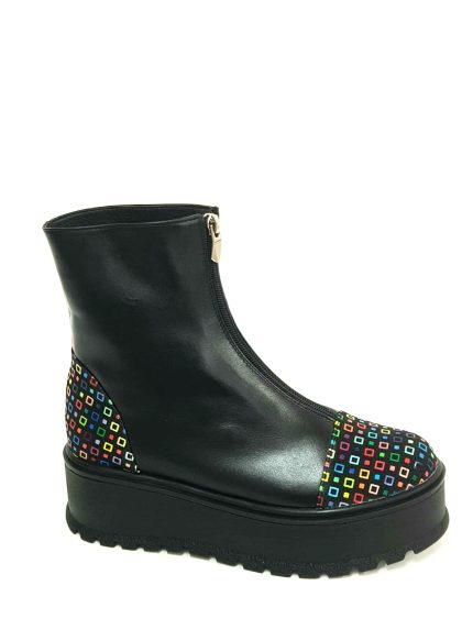 Bocanci dama din piele naturala - Negru Box Patratele Colorate - BC25 NBPC
