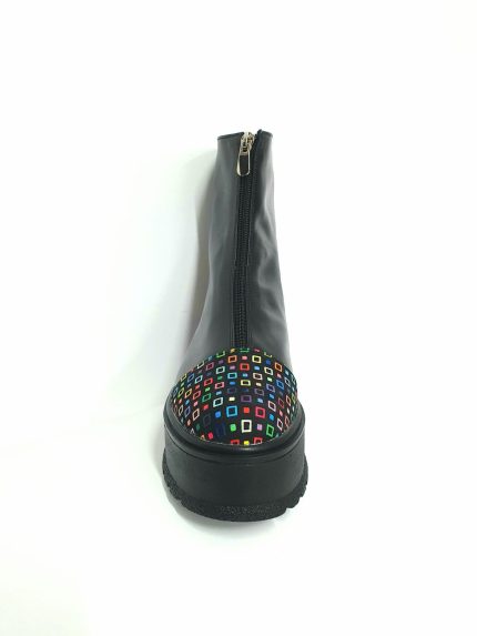 Bocanci dama din piele naturala - Negru Box Patratele Colorate - BC25 NBPC