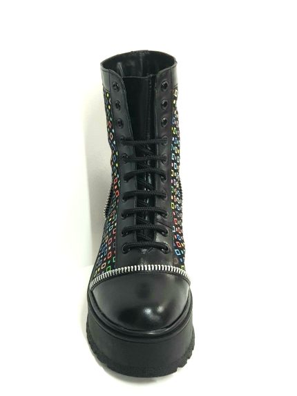 Bocanci dama din piele naturala - Negru Box Patratele Colorate - BC31 NBPC