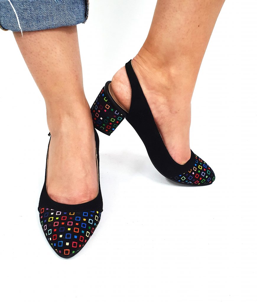 Sandale dama din piele naturala - Negru Antilopa Patratele Colorate - A55 NAPC