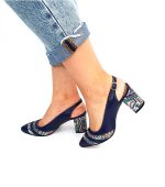 Sandale dama din piele naturala - Albastru cu Model Traditional - A101 AMT
