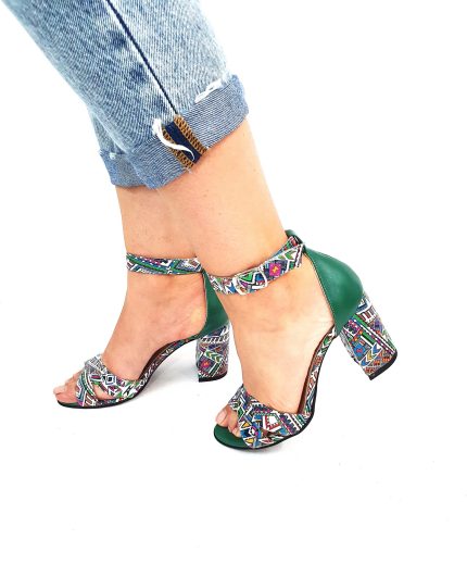 Sandale dama din piele naturala - Verde cu Model Traditional - S4 VMT