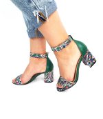 Sandale dama din piele naturala - Verde cu Model Traditional - S10 VMT