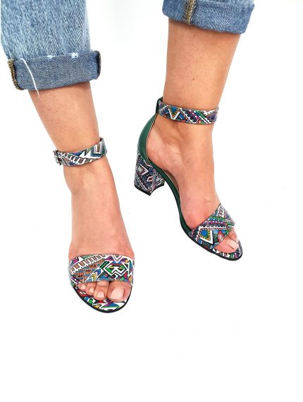 Sandale dama din piele naturala - Verde cu Model Traditional - S10 VMT