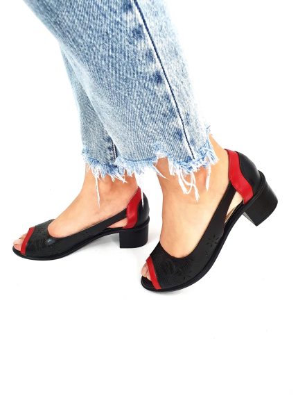 Sandale dama din piele naturala - Negru cu Rosu - T1 NR