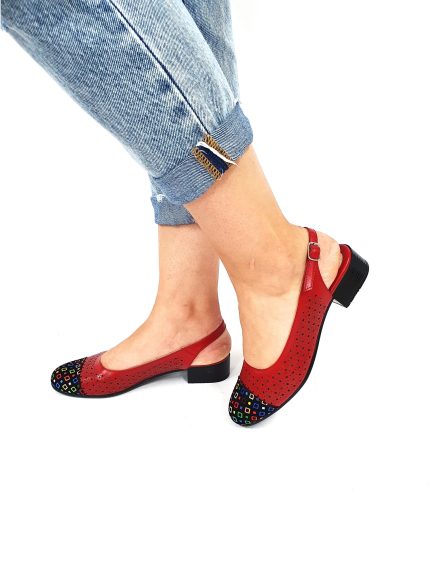 Sandale dama din piele naturala - Rosu Varf Patratele Colorate - T16 RVPC
