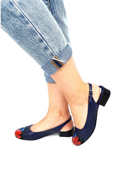 Sandale dama din piele naturala - Bleumarin Varf Flori Noi - T16 BVFN