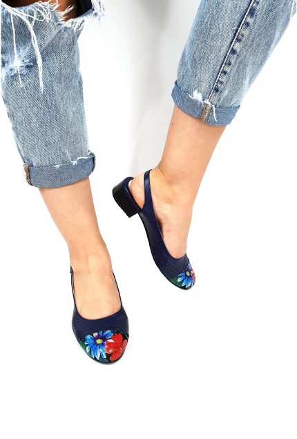 Sandale dama din piele naturala - Bleumarin Varf Flori Noi - T16 BVFN