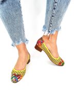 Pantofi dama perforati din piele naturala - Galben cu Linii Colorate - T11 GLC