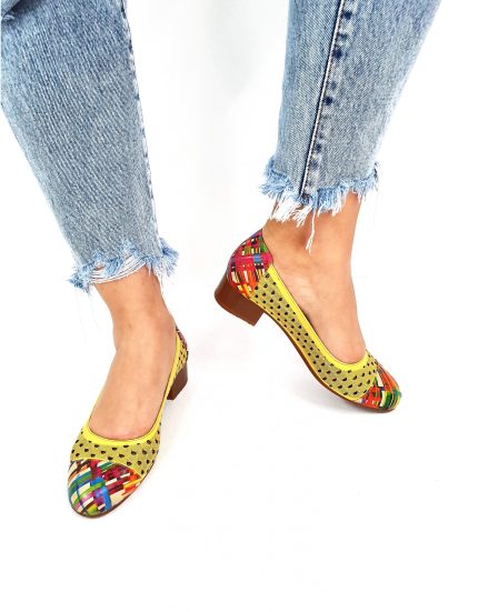 Pantofi dama perforati din piele naturala - Galben cu Linii Colorate - T11 GLC