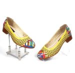 Pantofi dama perforati din piele naturala - Galben cu Linii Colorate - T11 GLC