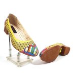 Pantofi dama perforati din piele naturala - Galben cu Linii Colorate - T11 GLC