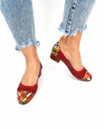 Pantofi dama perforati din piele naturala - Rosu cu Linii Colorate - T12 RLC