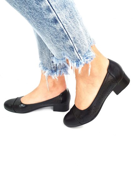 Pantofi dama perforati din piele naturala - Negru - T11 N