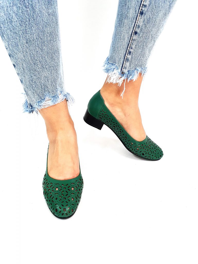 Pantofi dama perforati din piele naturala - Verde - T10 V