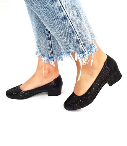 Pantofi dama perforati din piele naturala - Negru - T10 N