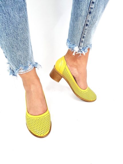 Pantofi dama perforati din piele naturala - Galben - T2 G