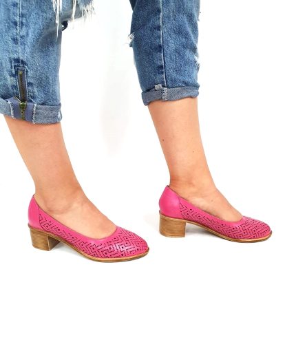 Pantofi dama perforati din piele naturala - Roz - T14 RZ