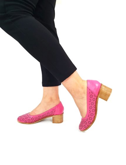 Pantofi dama perforati din piele naturala - Roz - T15 RZ
