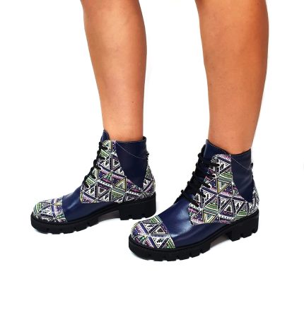 Bocanci dama din piele naturala - Bleumarin cu triunghiuri- BC20 BT