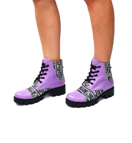 Bocanci dama din piele naturala - Lila cu triunghiuri- BC20 LT