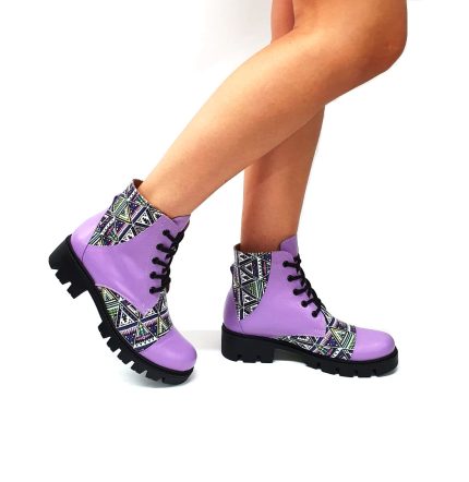 Bocanci dama din piele naturala - Lila cu triunghiuri- BC20 LT