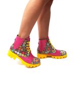Bocanci dama din piele naturala -Roz cu patratele 3D- BC20 RP3D