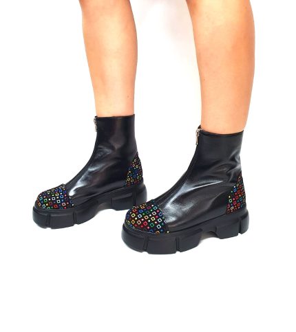 Bocanci dama din piele naturala - Negru cu patratele colorate - BC25 NPC
