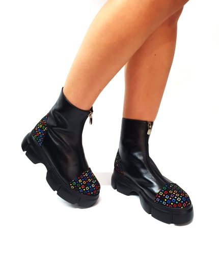Bocanci dama din piele naturala - Negru cu patratele colorate - BC25 NPC