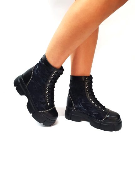 Bocanci dama din piele naturala - Negru box cu camuflaj negru - BC31 NBCN