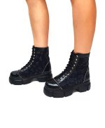 Bocanci dama din piele naturala - Negru box cu camuflaj negru - BC31 NBCN