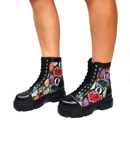 Bocanci dama din piele naturala - Negru box cu croco colorat - BC31 NBCC