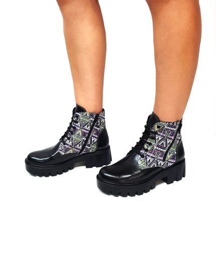 Bocanci dama din piele naturala - Negru Box cu Triunghiuri - BC35 NBT
