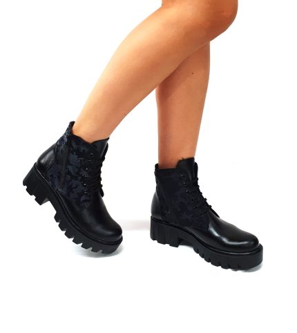 Bocanci dama din piele naturala - Negru Box cu Camuflaj Negru - BC35 NBCN