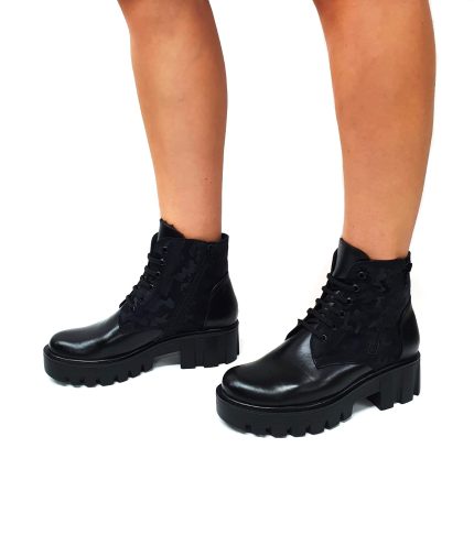 Bocanci dama din piele naturala - Negru Box cu Camuflaj Negru - BC35 NBCN