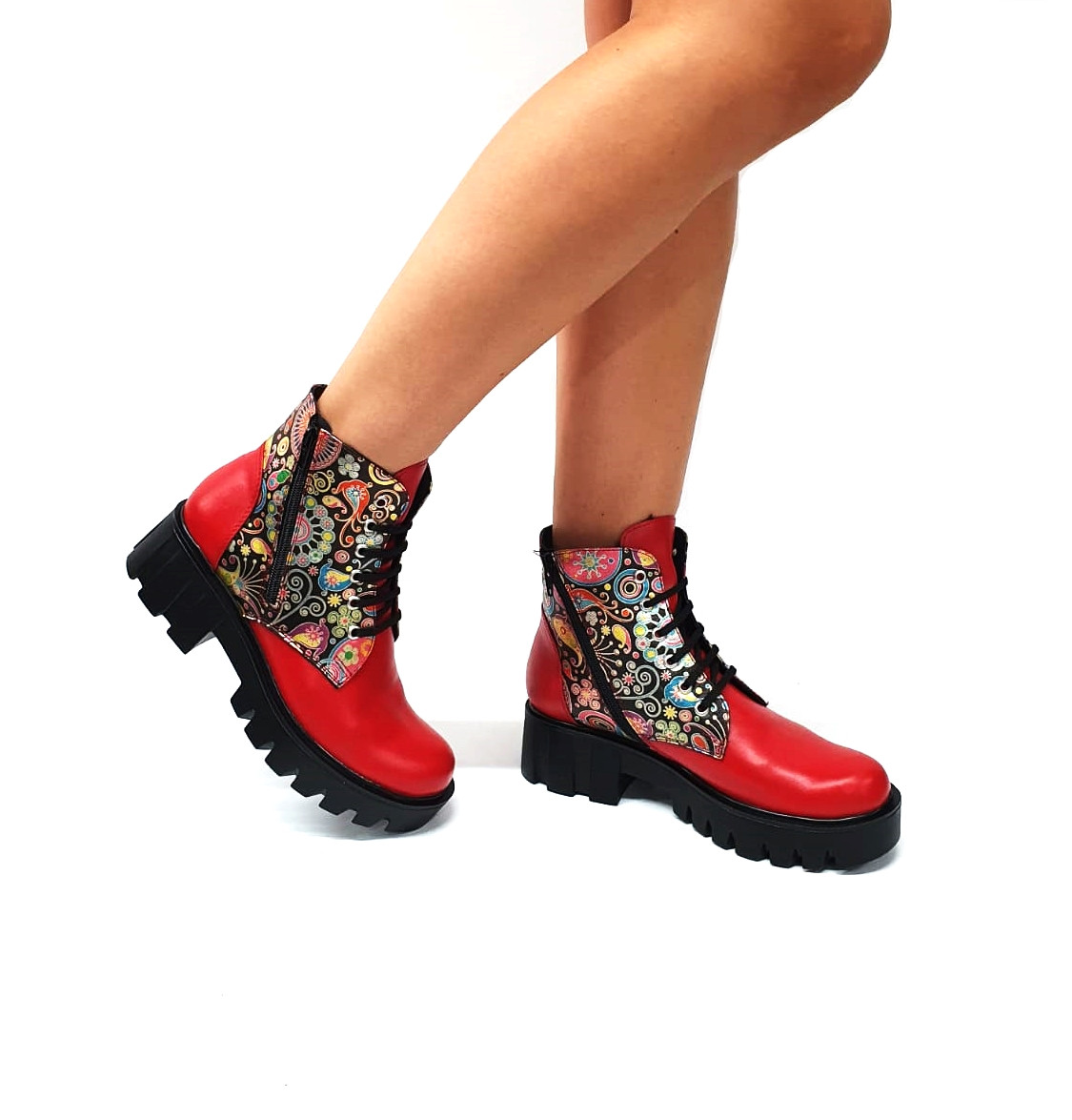 Bocanci dama din piele naturala - Rosu Box cu Paun - BC35 RBP Bocanci dama din piele naturala - Rosu Box cu Paun - BC35 RBP