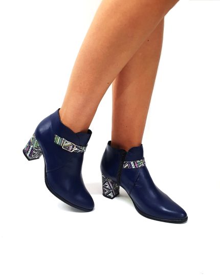 Botine dama din piele naturala - Bleumarin cu triunghiuri - GX35 BT