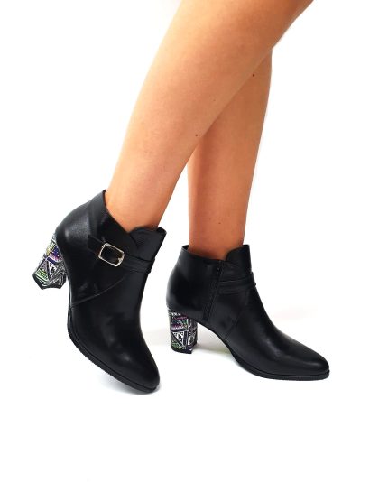 Botine dama din piele naturala - Negru cu Triunghiuri - GX35 NT