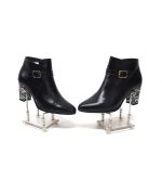 Botine dama din piele naturala - Negru cu Triunghiuri - GX35 NT