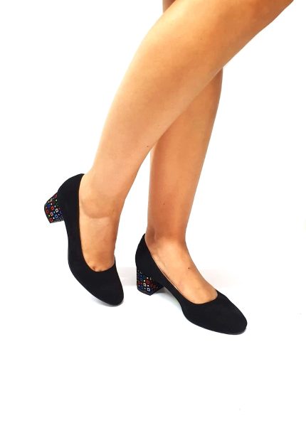 Pantofi dama din piele naturala - Negru Antilopa cu Patratele Colorate - A6 NAPC
