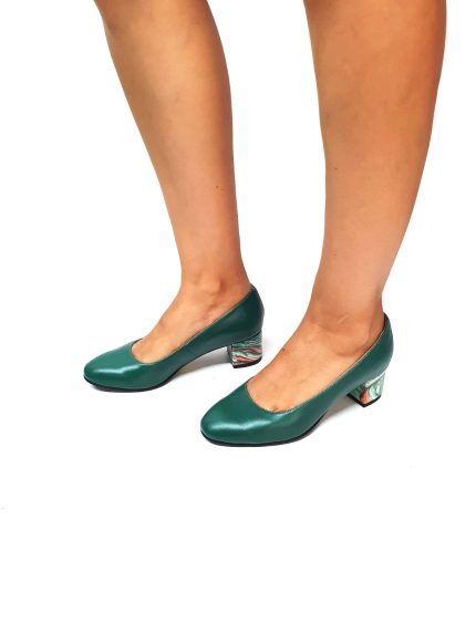 Pantofi dama din piele naturala - Verde Box cu Pictura Verde - A6 VBPV