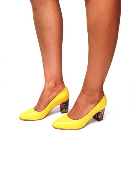 Pantofi dama din piele naturala - Galben Box cu Mozaic 3D - R7 GBM3D