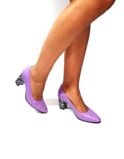 Pantofi dama din piele naturala - Lila cu triunghiuri- R7 LT
