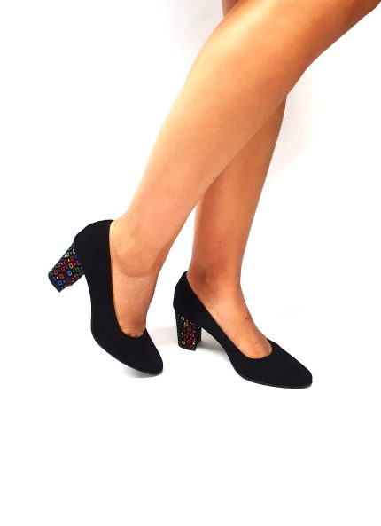 Pantofi dama din piele naturala - Negru Antilopa cu Patratele Colorate- R7 NAPC